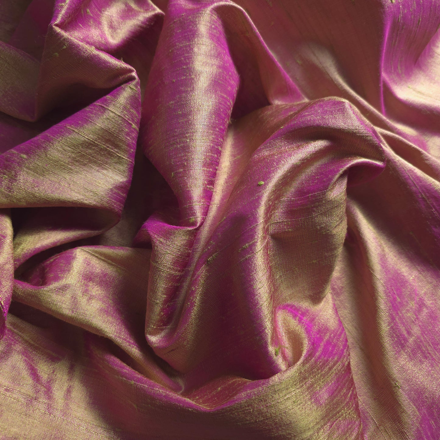 RAW SILK DUPIONI HAND WOVEN FABRIC TWO TONE LIME GREEN FUCHSIA PINK