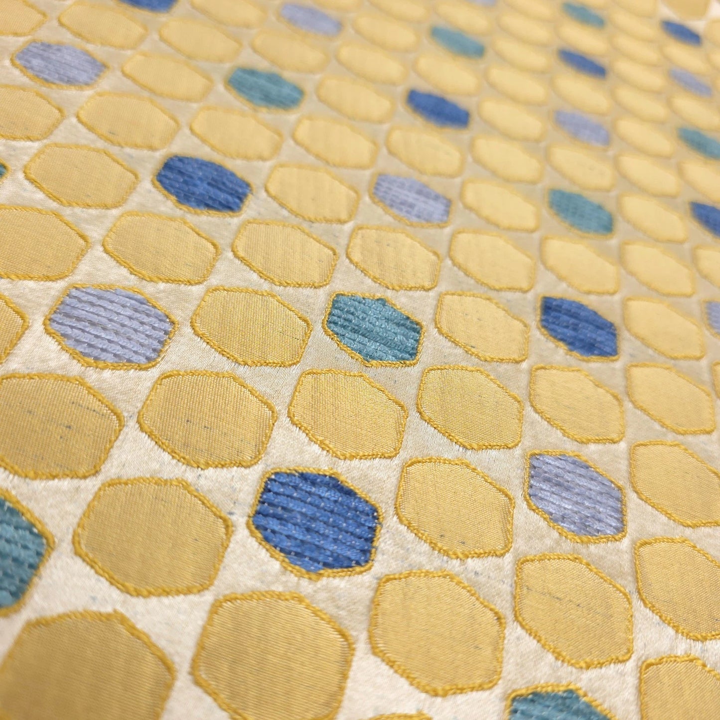 GOLD BLUE TILE BROCADE UPHOLSTERY HEXAGON HONEYCOMB