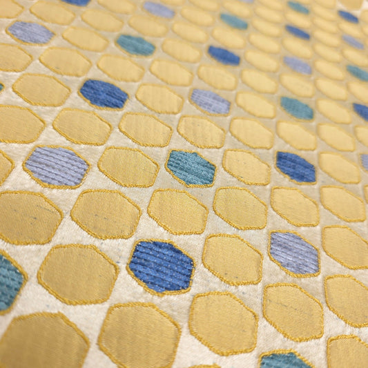 GOLD BLUE TILE BROCADE UPHOLSTERY HEXAGON HONEYCOMB