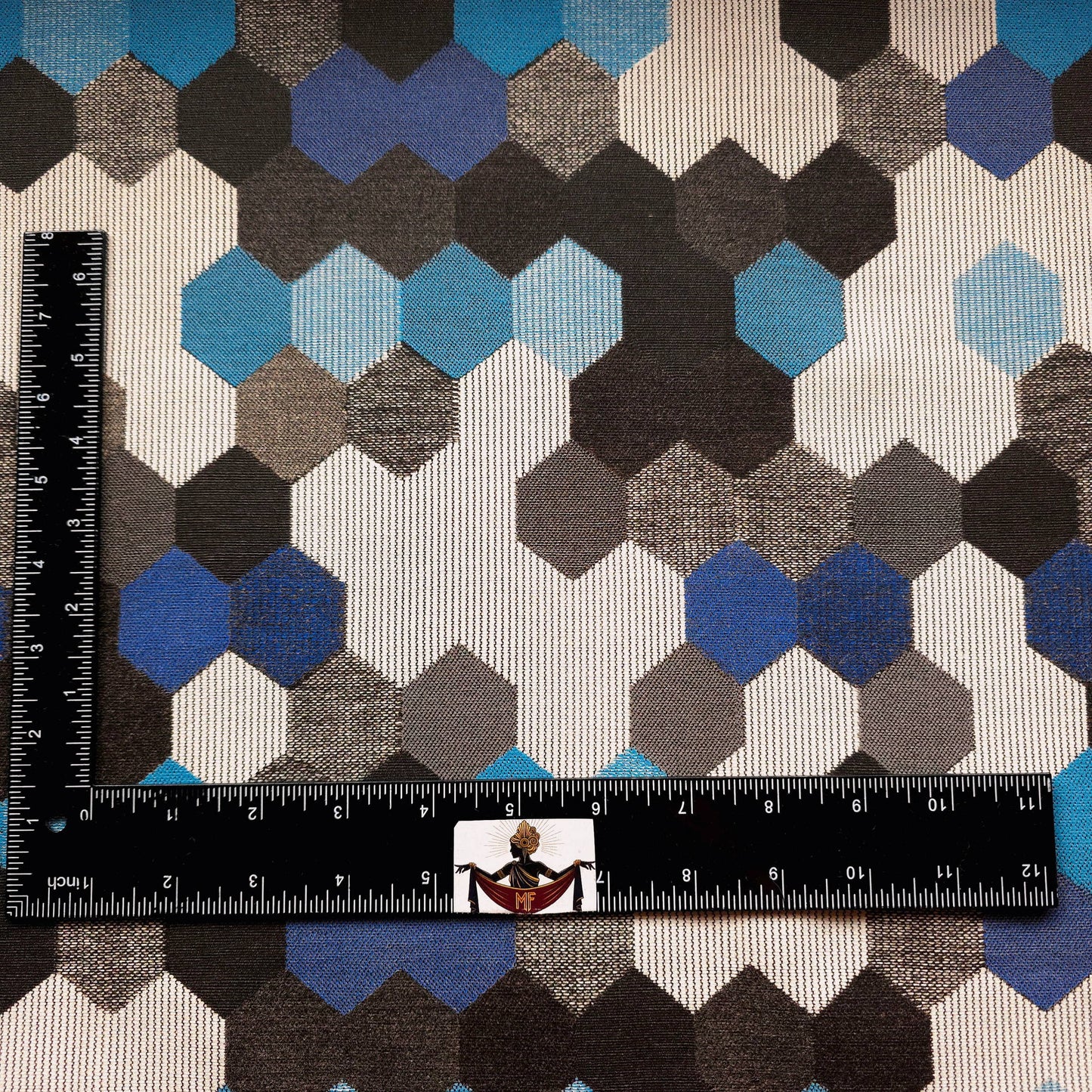 GRAY BLUE HEXAGON PATCH UPHOLSTERY VINYL FABRIC