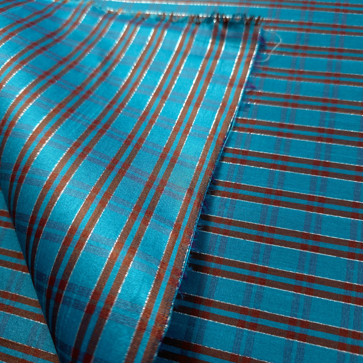 TURQUOISE RED METALLIC PINSTRIPE PLAID DUPIONI FABRIC