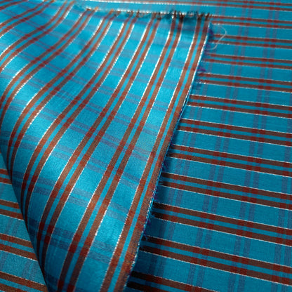 TURQUOISE RED METALLIC PINSTRIPE PLAID DUPIONI FABRIC