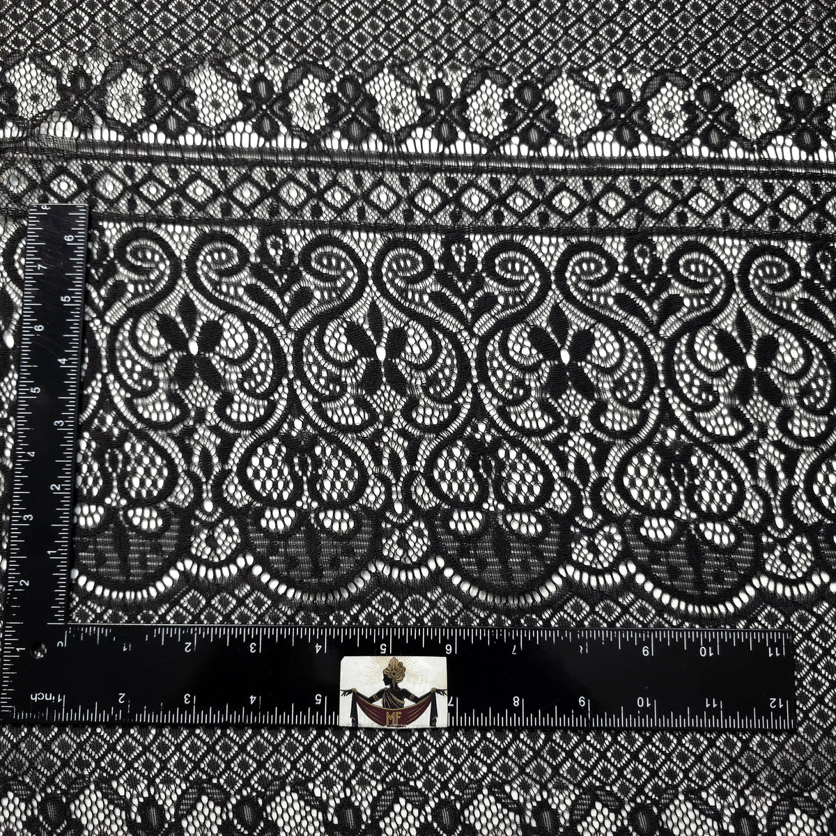 GOTHIC WIDE STRIPE FLORAL SCROLL BLACK LACE FABRIC