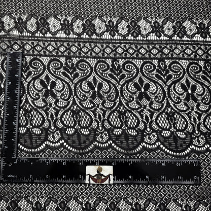 GOTHIC WIDE STRIPE FLORAL SCROLL BLACK LACE FABRIC