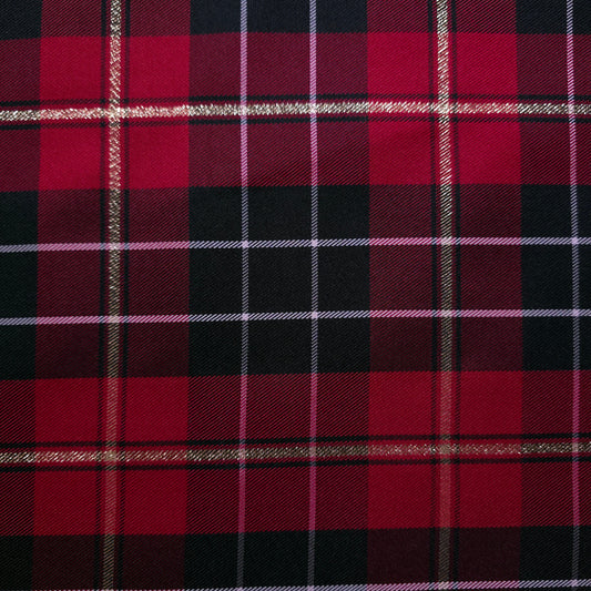 RUBY RED BLACK HOLIDAY TARTAN PLAID SUITING TWILL WEAVE FABRIC WITH METALLIC GOLD STRIPE