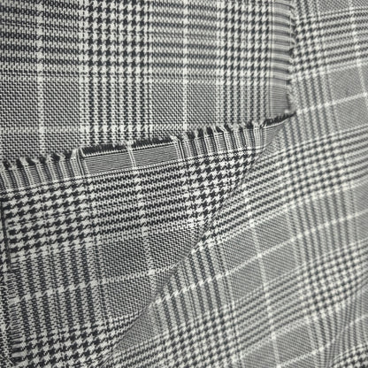 GREY BLACK WHITE HOUNDSTOOTH PLAID COTTON BLEND SUITING FABRIC