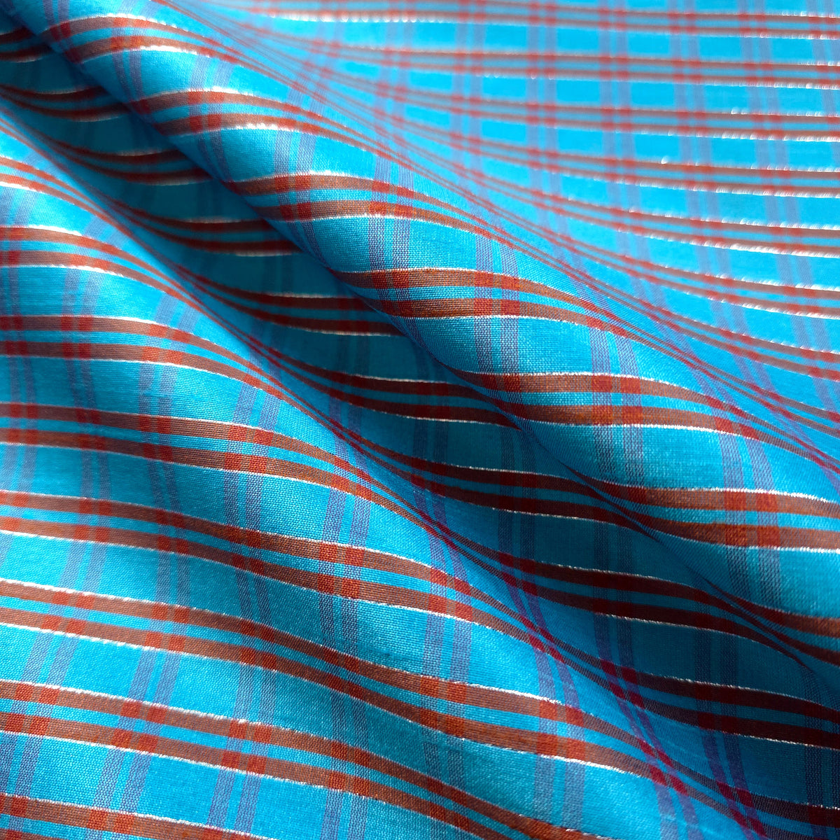 TURQUOISE RED METALLIC PINSTRIPE PLAID DUPIONI FABRIC