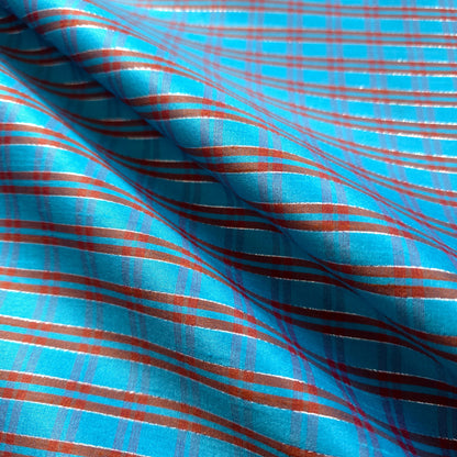 TURQUOISE RED METALLIC PINSTRIPE PLAID DUPIONI FABRIC