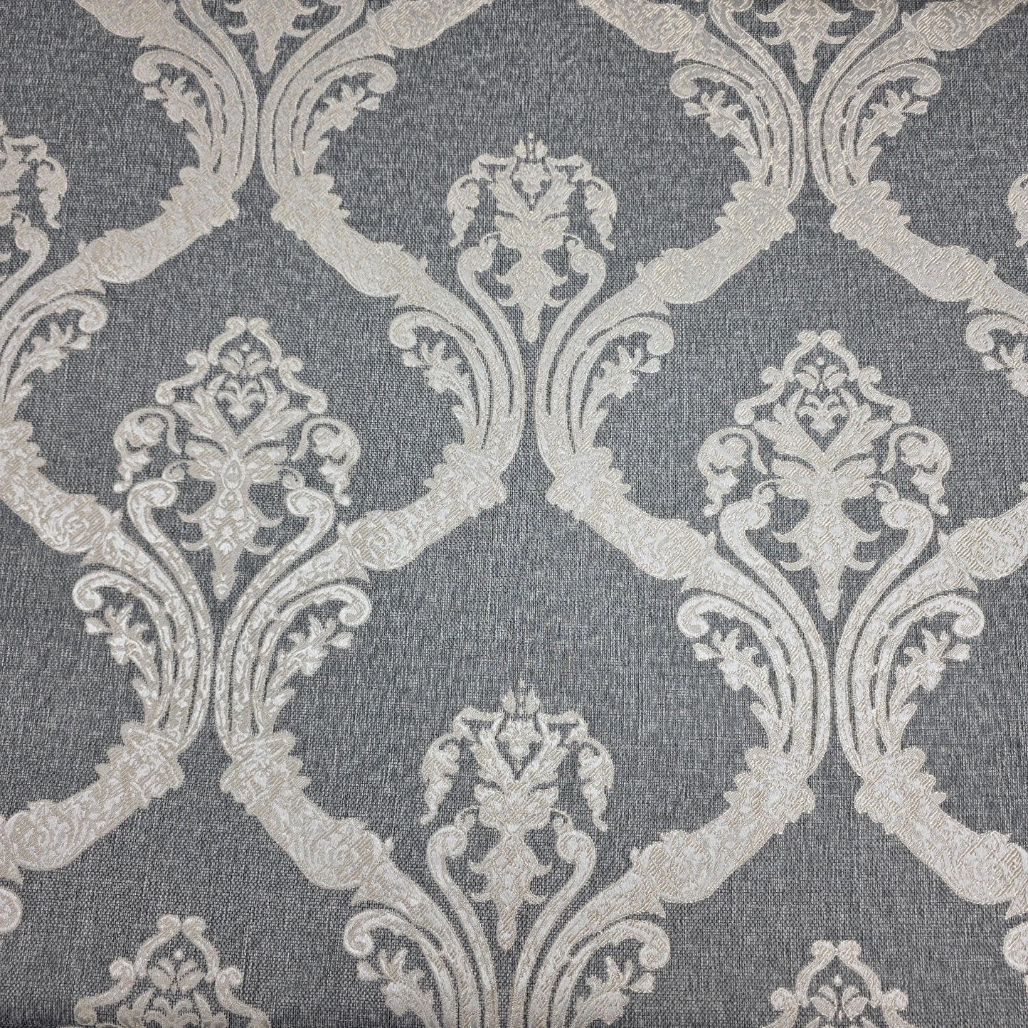 RUSTIC DAMASK DRAPERY SLATE GRAY WHITE LACE LOOK