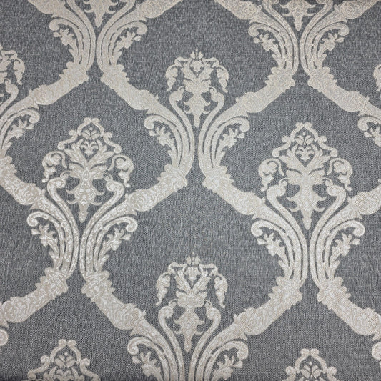RUSTIC DAMASK DRAPERY SLATE GRAY WHITE LACE LOOK