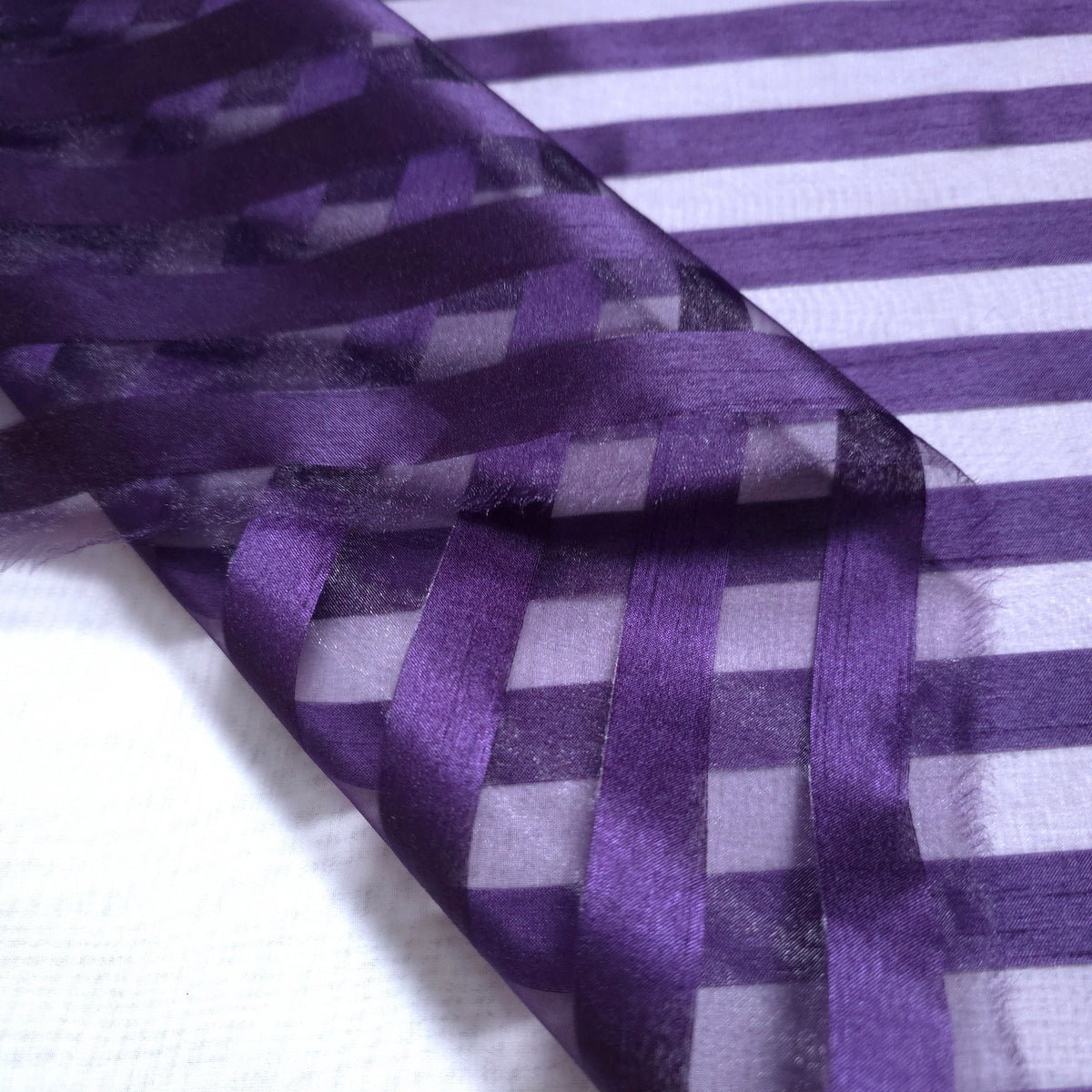 EGGPLANT PURPLE RIBBON STRIPE SHEER ORGANZA FABRIC