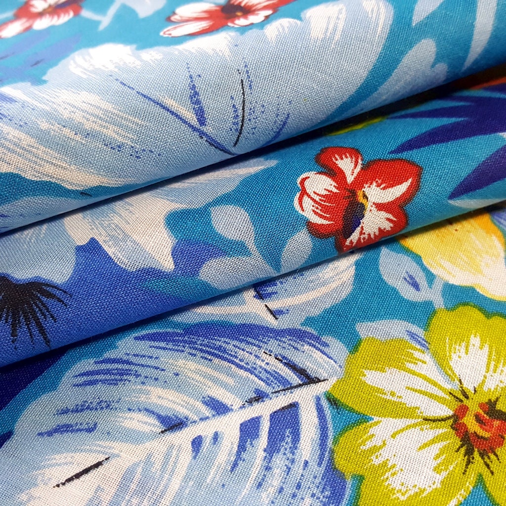 HAWAIIAN FLORAL MOTIF TURQUOISE YELLOW