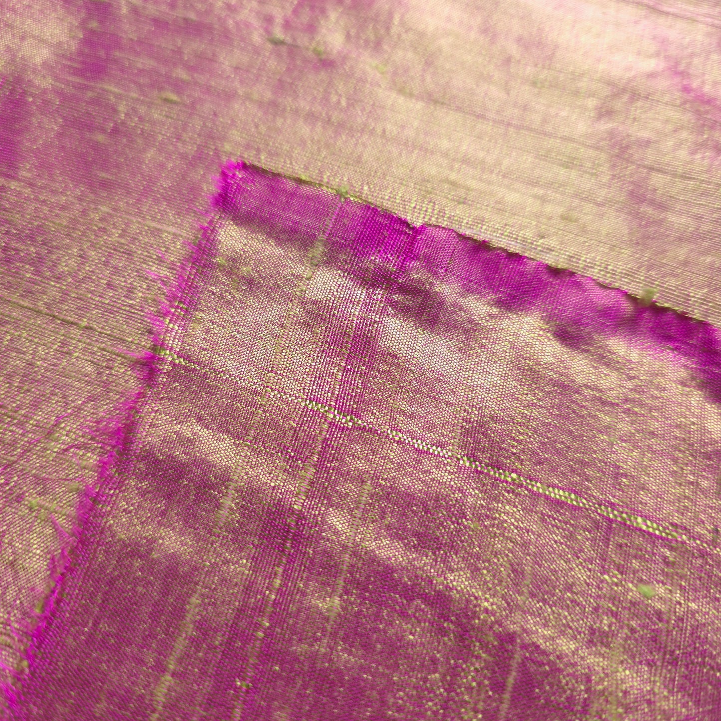 RAW SILK DUPIONI HAND WOVEN FABRIC TWO TONE LIME GREEN FUCHSIA PINK