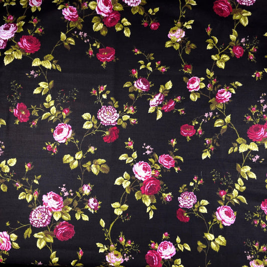 Classic Ruby Red Rose Floral Print Poly Cotton Fabric 58" By The Yard Victorian