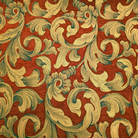 COPPER BROWN CHENILLE UPHOLSTERY GOLD ACANTHUS LEAF