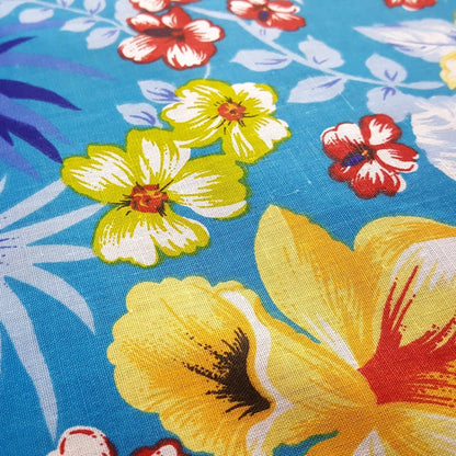 HAWAIIAN FLORAL MOTIF TURQUOISE YELLOW
