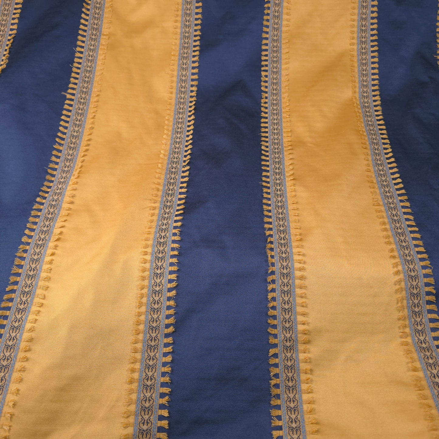 GOLD NAVY 7 INCH AWNING STRIPE DRAPERY FABRIC WITH TASSEL TRIM