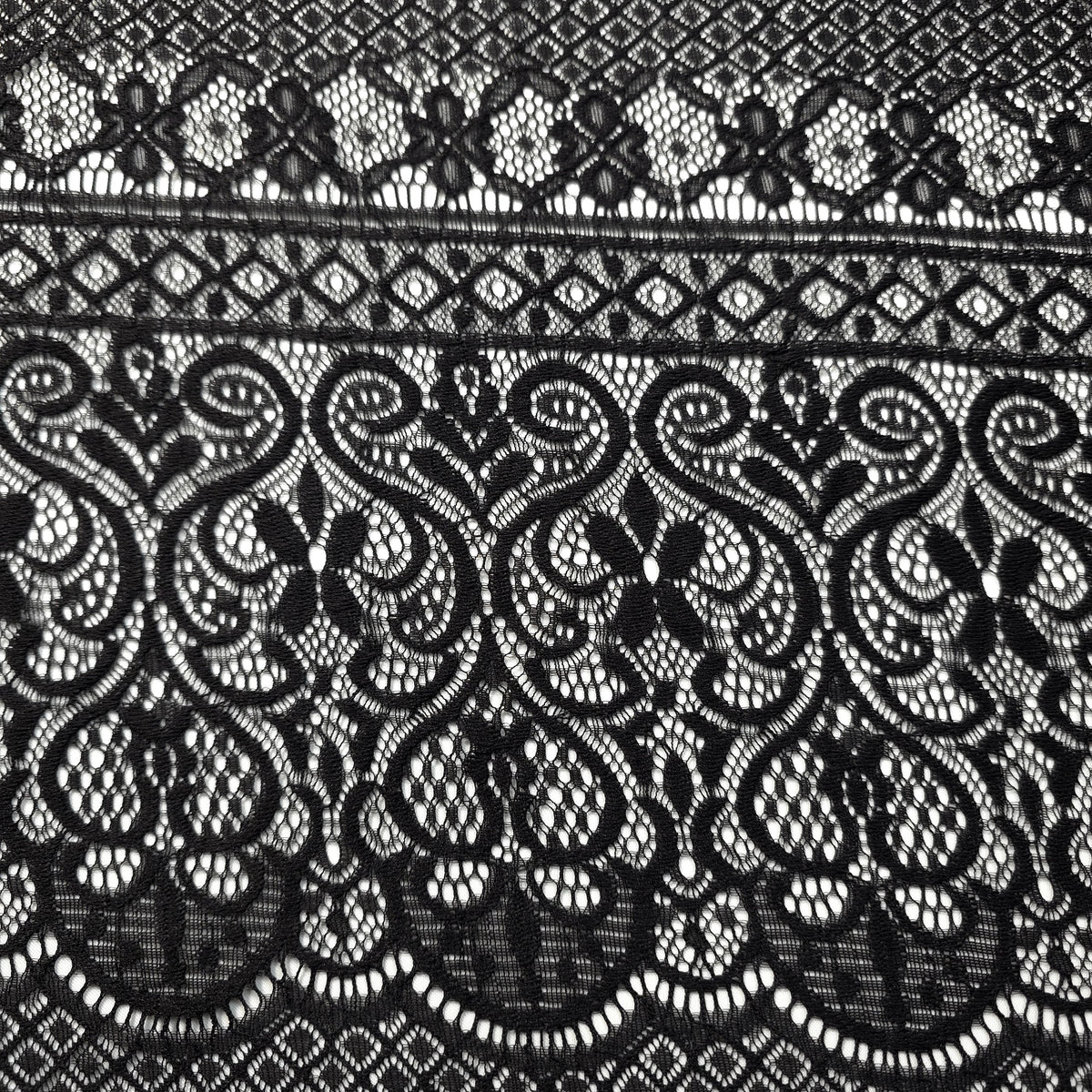 GOTHIC WIDE STRIPE FLORAL SCROLL BLACK LACE FABRIC