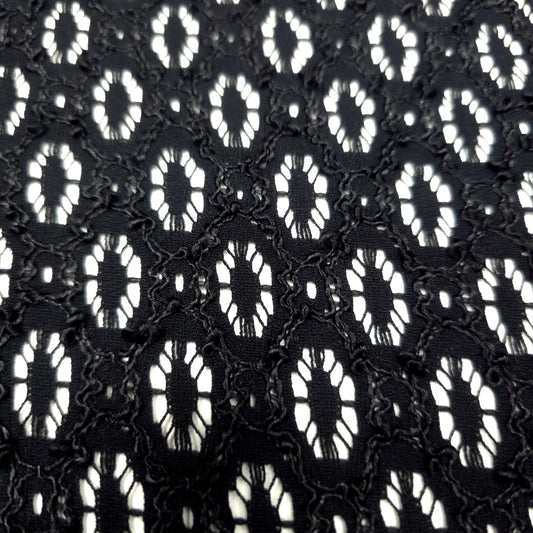 BLACK CORDED EYELET LATTICE POLYESTER STRETCH LACE FABRIC