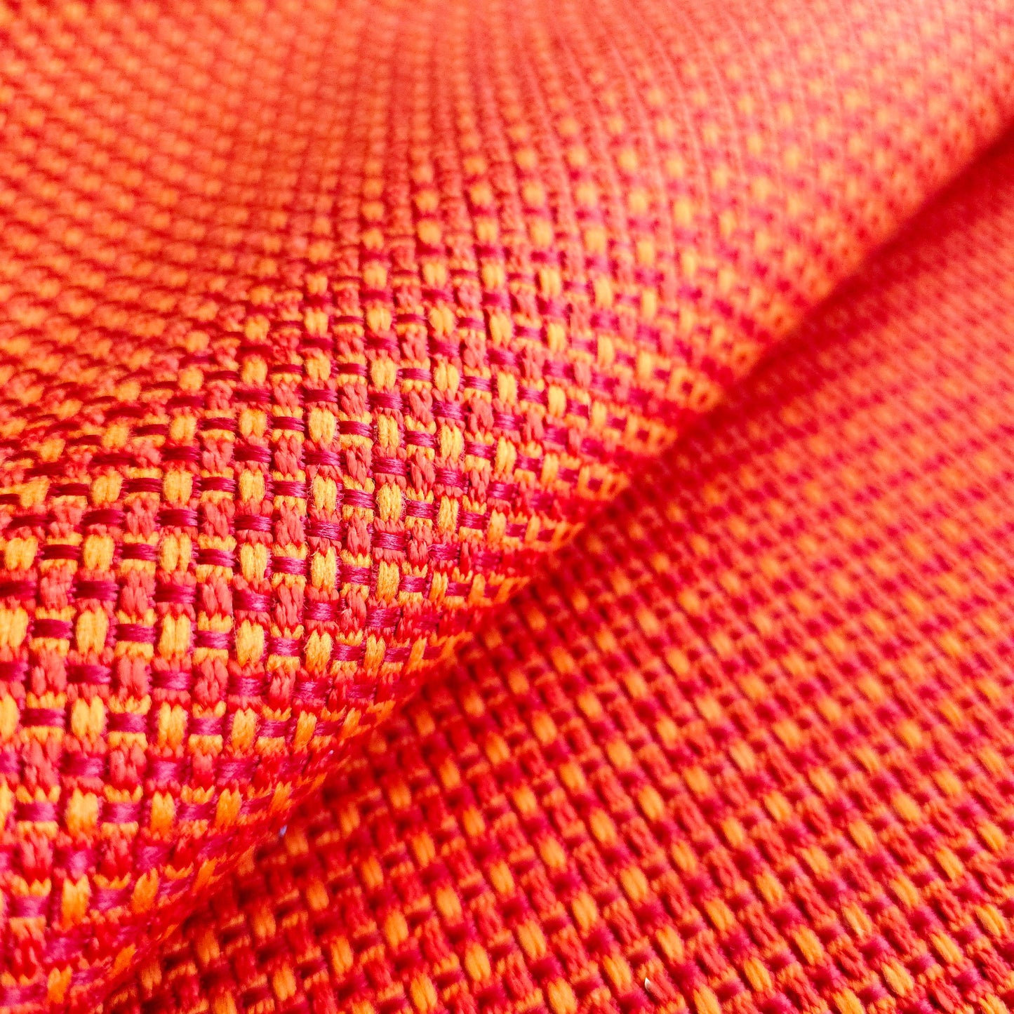 ORANGE RED YELLOW BASKET WEAVE WOVEN VINYL FABRIC