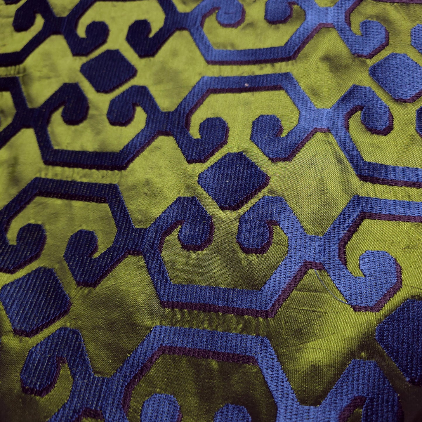 REGAL CELTIC KNOTWORK EMBROIDERED OLIVE TAFFETA FABRIC