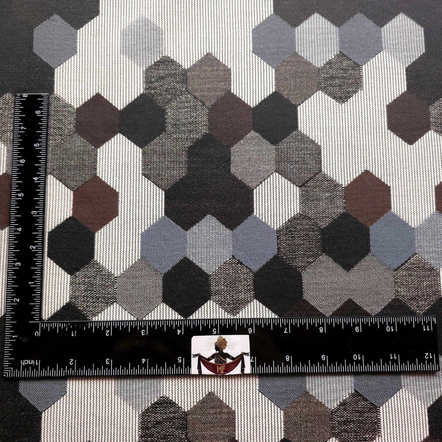 GRAY BROWN HEXAGON PATCH UPHOLSTERY VINYL FABRIC