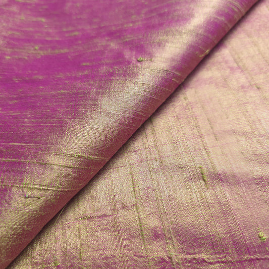 RAW SILK DUPIONI HAND WOVEN FABRIC TWO TONE LIME GREEN FUCHSIA PINK