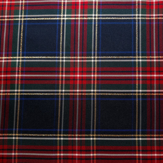 NAVY RED HOLIDAY TARTAN PLAID SUITING TWILL WEAVE FABRIC WITH METALLIC GOLD STRIPE