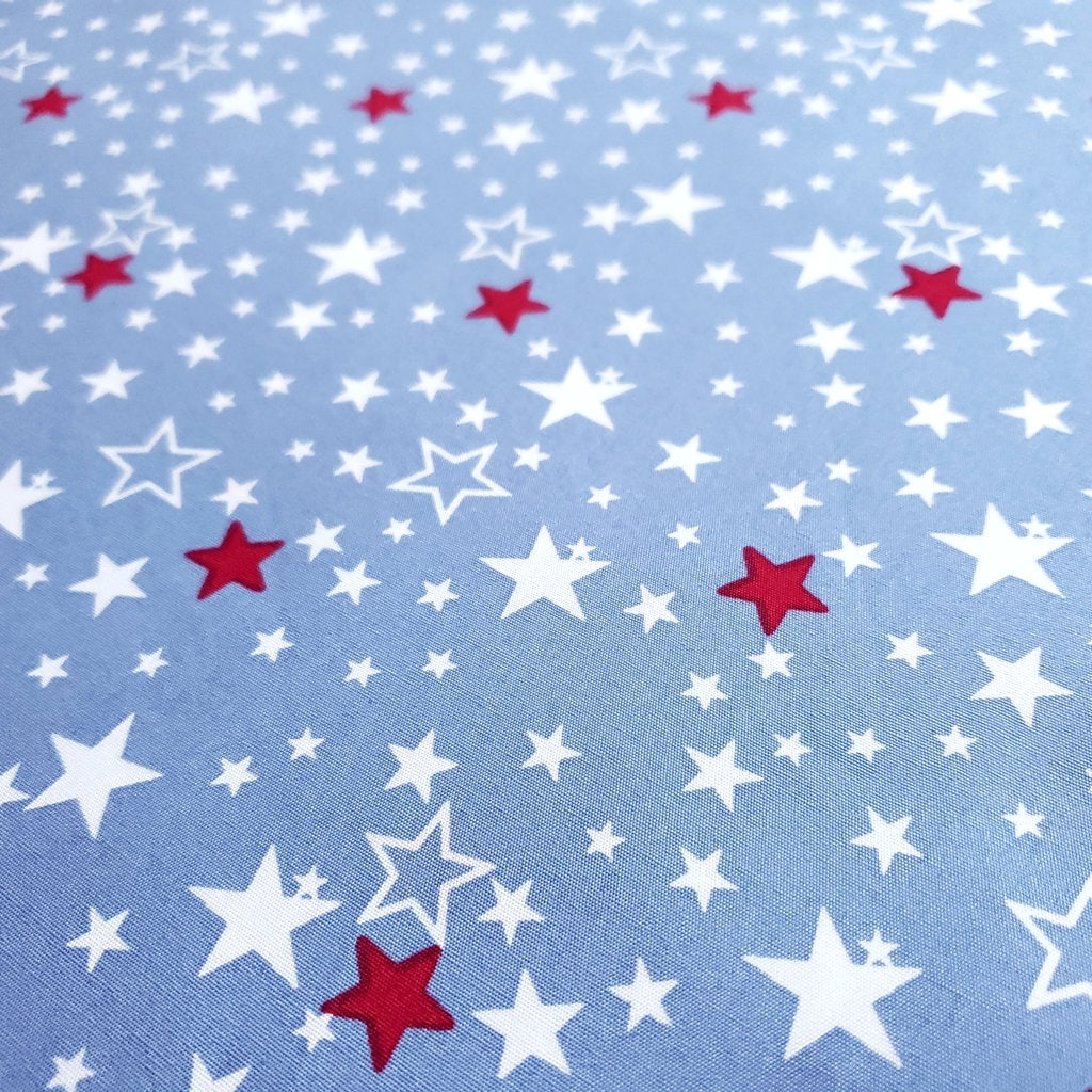 Small Stars Red White On Blue 100% Cotton 60" By The Half Yard Patrioric Stars on Baby Blue Fabric