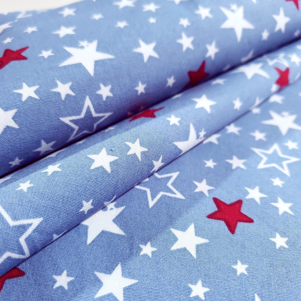 Small Stars Red White On Blue 100% Cotton 60" By The Half Yard Patrioric Stars on Baby Blue Fabric
