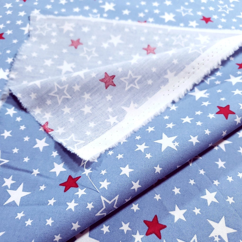 Small Stars Red White On Blue 100% Cotton 60" By The Half Yard Patrioric Stars on Baby Blue Fabric