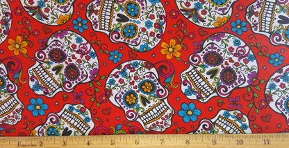 Red Cotton Fabric 44" wide By Yard White Mexican Sugar Skulls Calaveras Day of Dead - Dia de Muertos Colorful Print DIY Sewing Projects