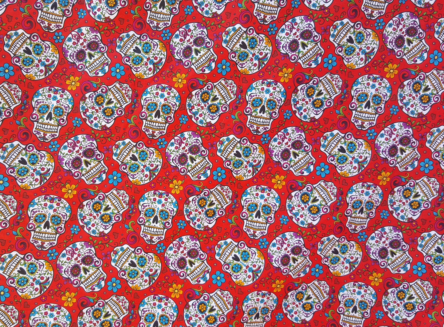 Red Cotton Fabric 44" wide By Yard White Mexican Sugar Skulls Calaveras Day of Dead - Dia de Muertos Colorful Print DIY Sewing Projects