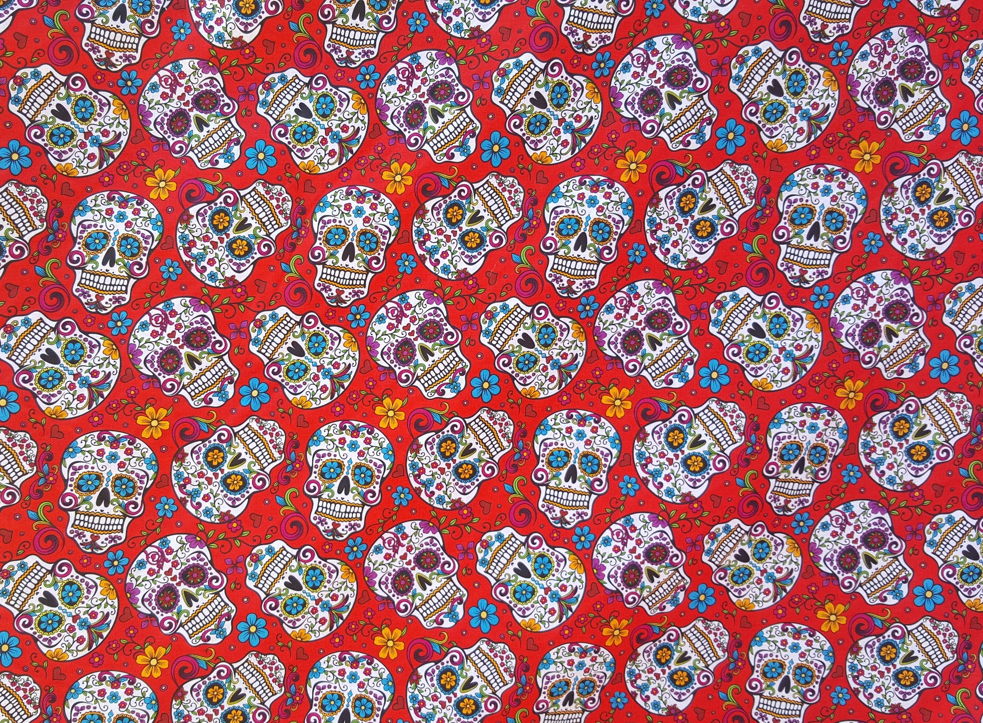 Red Cotton Fabric 44" wide By Yard White Mexican Sugar Skulls Calaveras Day of Dead - Dia de Muertos Colorful Print DIY Sewing Projects