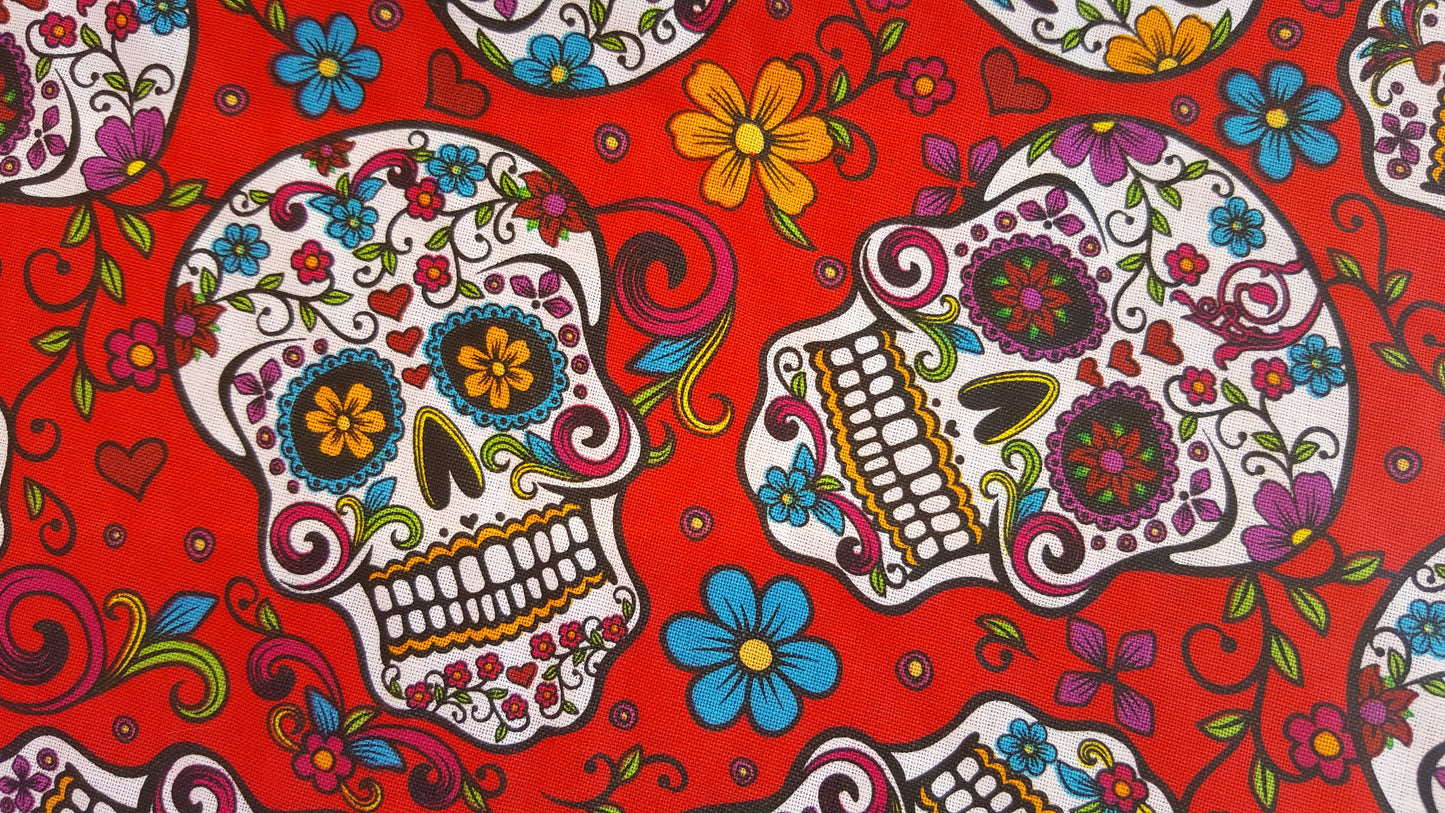 Red Cotton Fabric 44" wide By Yard White Mexican Sugar Skulls Calaveras Day of Dead - Dia de Muertos Colorful Print DIY Sewing Projects