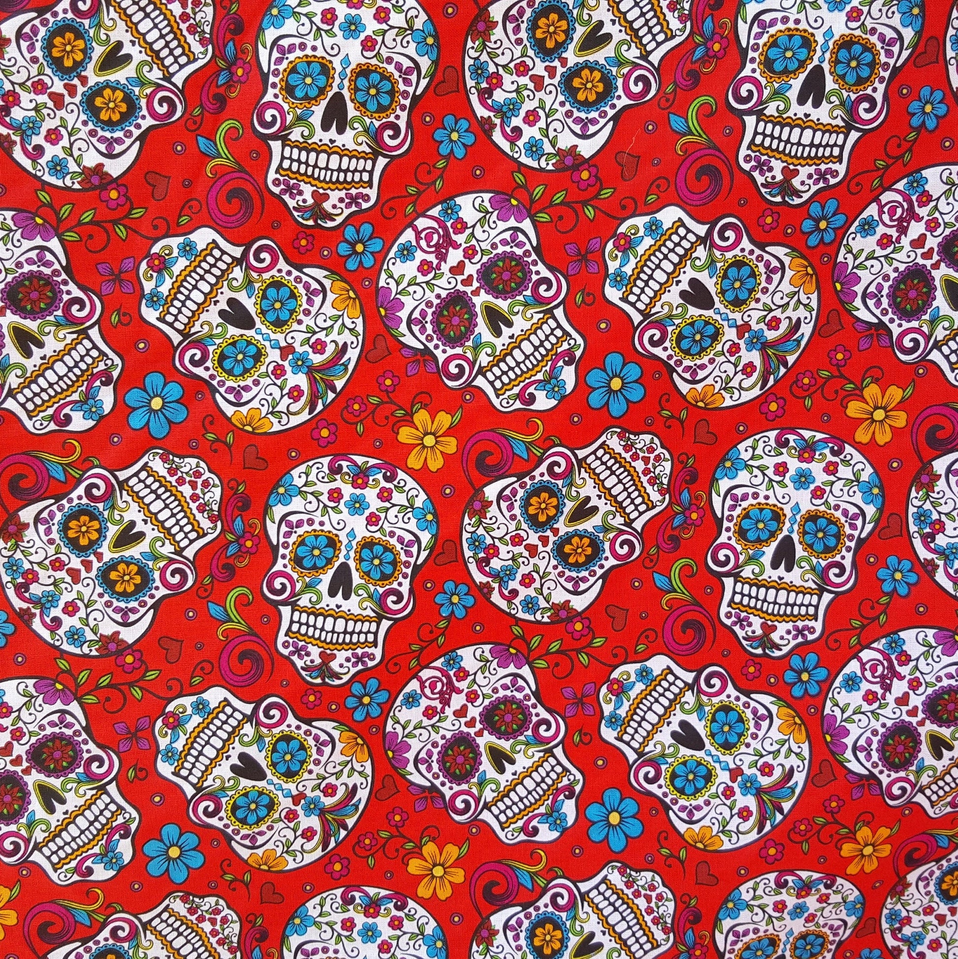 Red Cotton Fabric 44" wide By Yard White Mexican Sugar Skulls Calaveras Day of Dead - Dia de Muertos Colorful Print DIY Sewing Projects