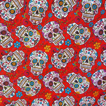 Red Cotton Fabric 44" wide By Yard White Mexican Sugar Skulls Calaveras Day of Dead - Dia de Muertos Colorful Print DIY Sewing Projects
