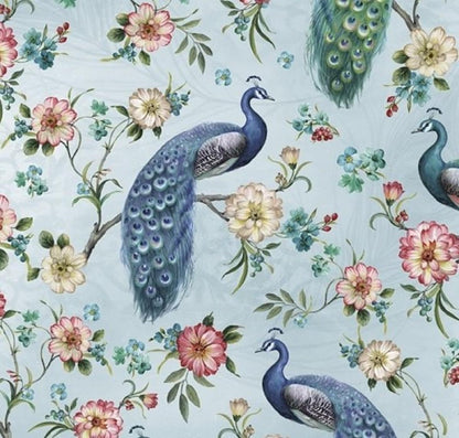 Blue Floral Cotton Fabric Peacock Birds in Botanical Garden Printed Quilters Cotton 44" wide