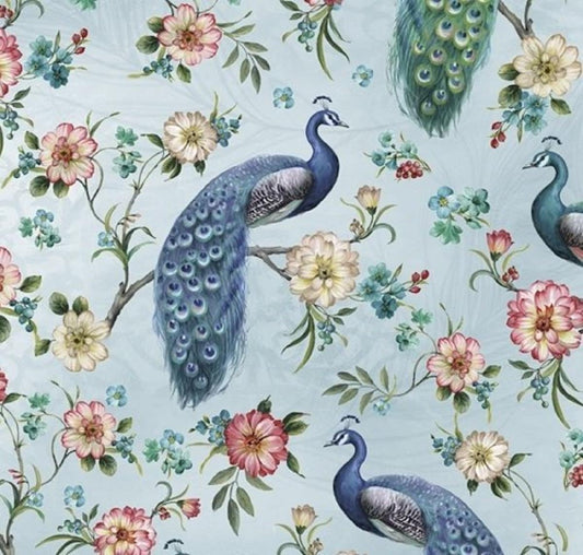 Blue Floral Cotton Fabric Peacock Birds in Botanical Garden Printed Quilters Cotton 44" wide