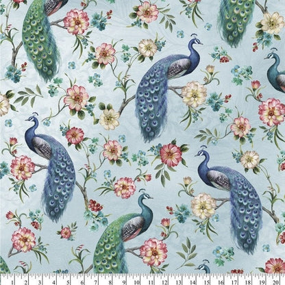 Blue Floral Cotton Fabric Peacock Birds in Botanical Garden Printed Quilters Cotton 44" wide