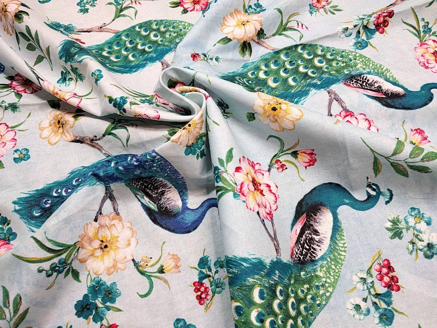 Blue Floral Cotton Fabric Peacock Birds in Botanical Garden Printed Quilters Cotton 44" wide