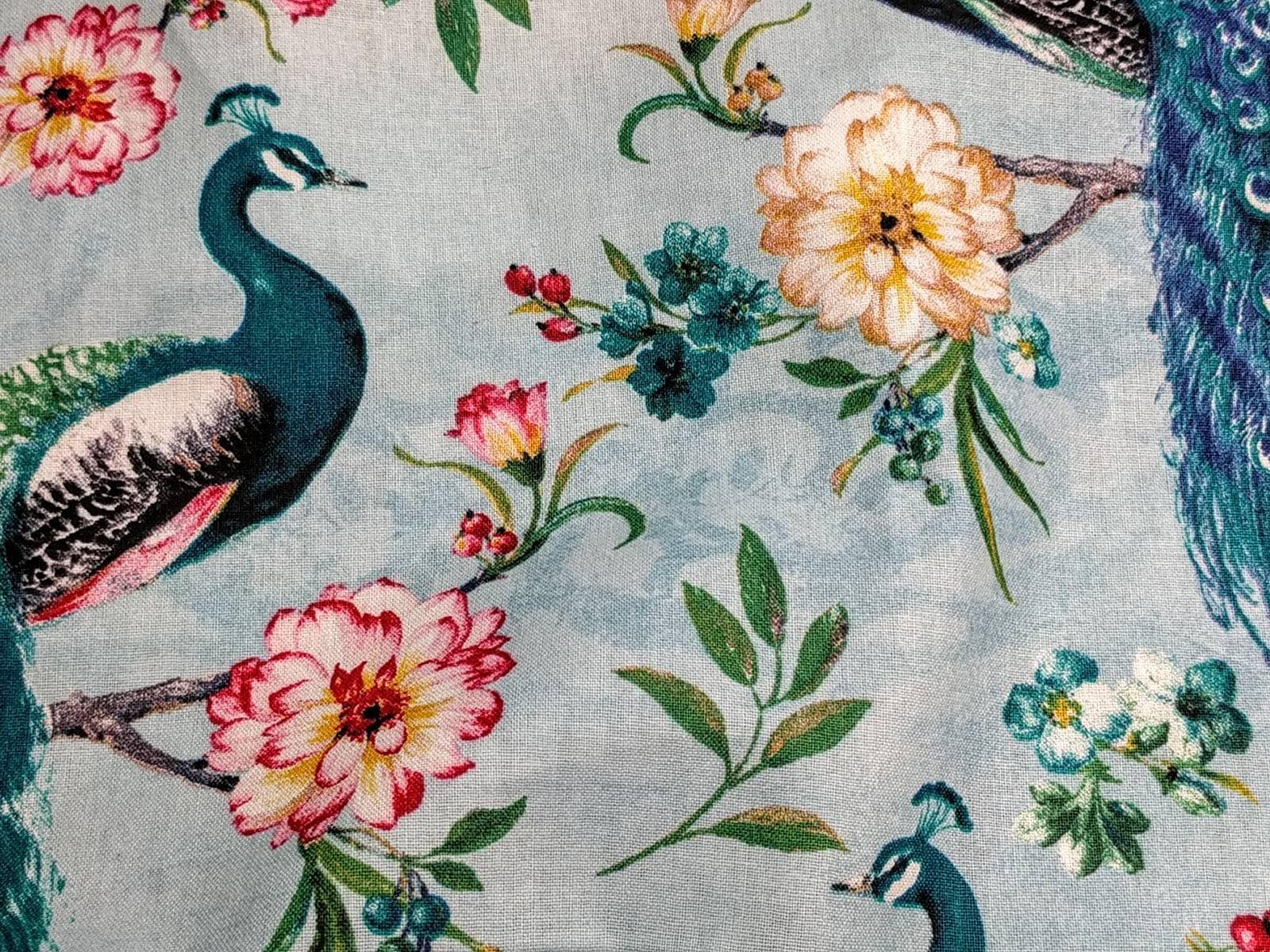 Blue Floral Cotton Fabric Peacock Birds in Botanical Garden Printed Quilters Cotton 44" wide