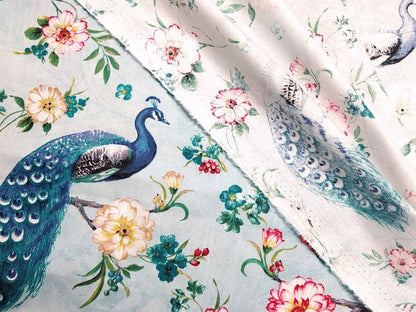 Blue Floral Cotton Fabric Peacock Birds in Botanical Garden Printed Quilters Cotton 44" wide