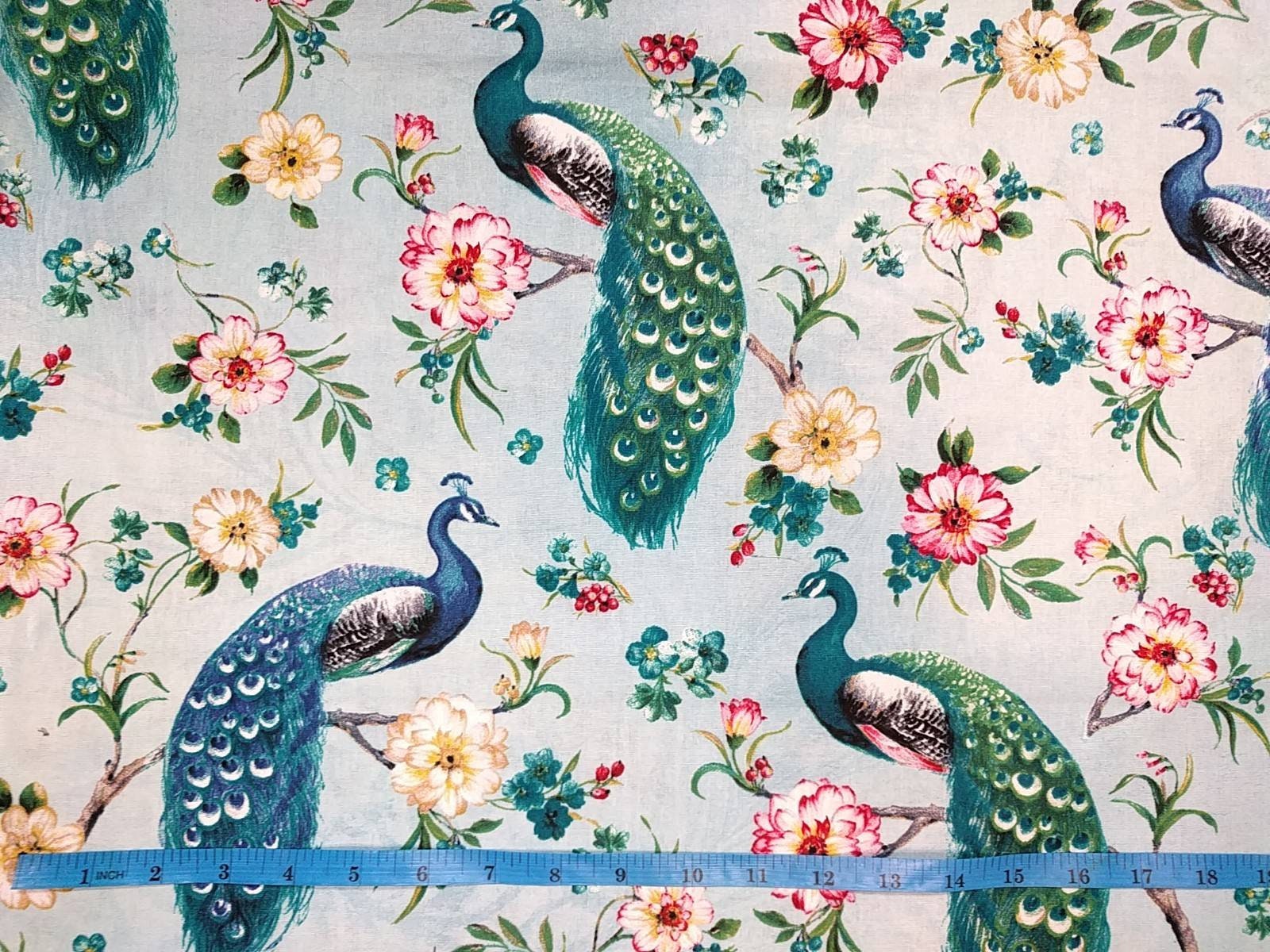 Blue Floral Cotton Fabric Peacock Birds in Botanical Garden Printed Quilters Cotton 44" wide