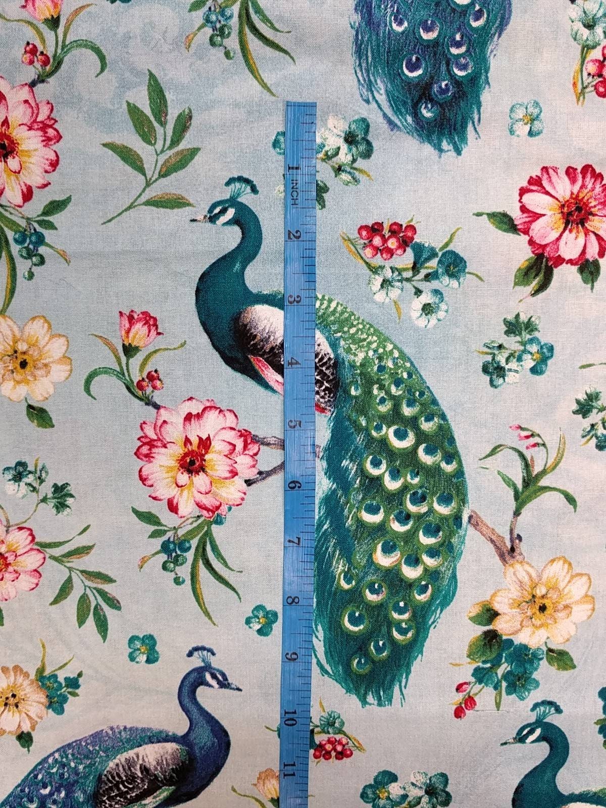 Blue Floral Cotton Fabric Peacock Birds in Botanical Garden Printed Quilters Cotton 44" wide