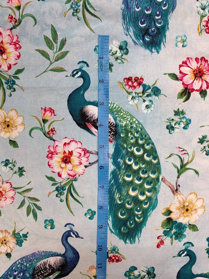 Blue Floral Cotton Fabric Peacock Birds in Botanical Garden Printed Quilters Cotton 44" wide