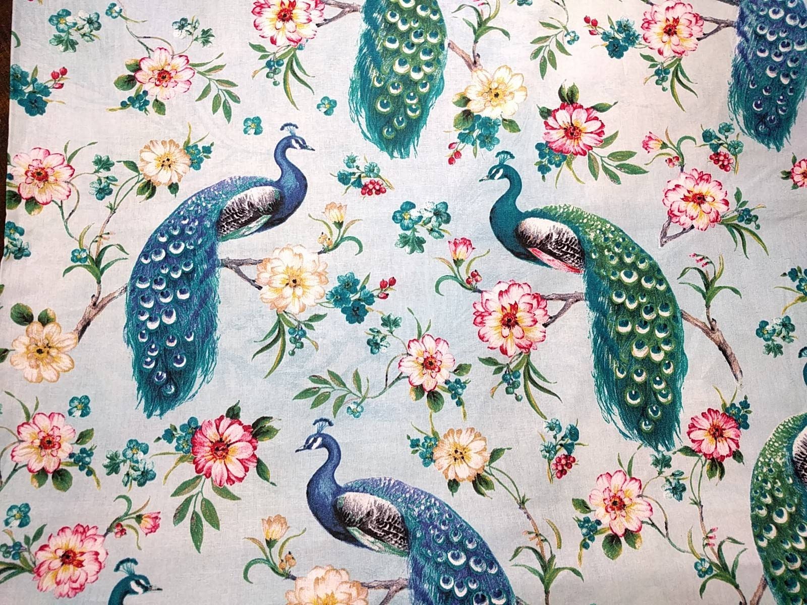 Blue Floral Cotton Fabric Peacock Birds in Botanical Garden Printed Quilters Cotton 44" wide