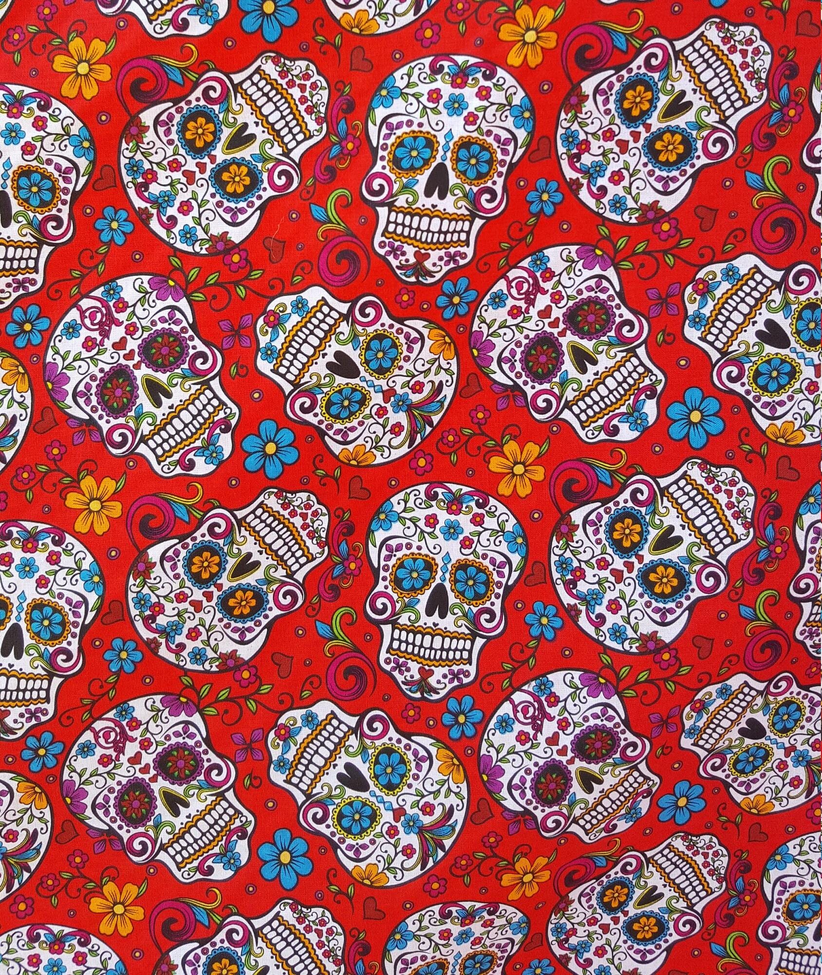 Red Cotton Fabric 44" wide By Yard White Mexican Sugar Skulls Calaveras Day of Dead - Dia de Muertos Colorful Print DIY Sewing Projects
