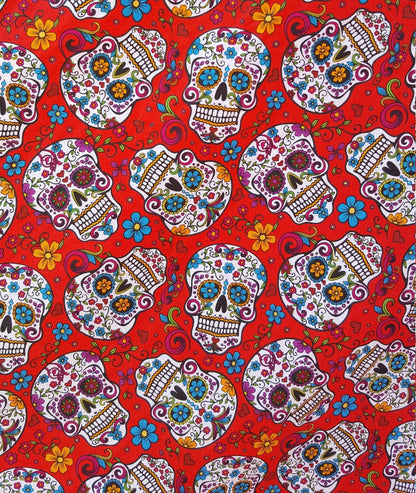Red Cotton Fabric 44" wide By Yard White Mexican Sugar Skulls Calaveras Day of Dead - Dia de Muertos Colorful Print DIY Sewing Projects