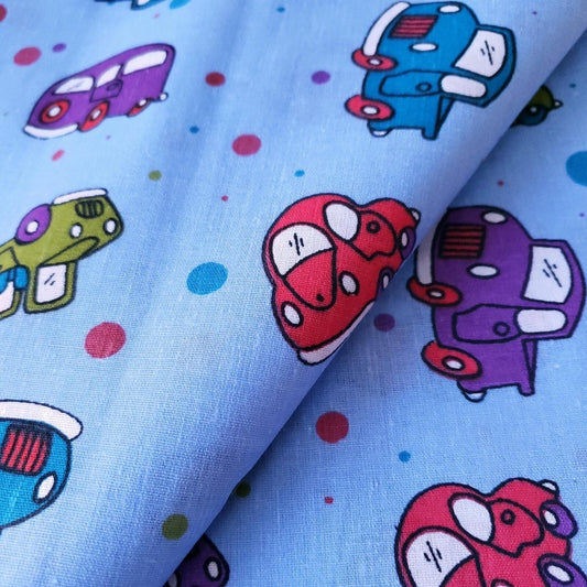 Retro Toy Cars and Trucks on Blue Poly Cotton Broadcloth Fabric by the Yard